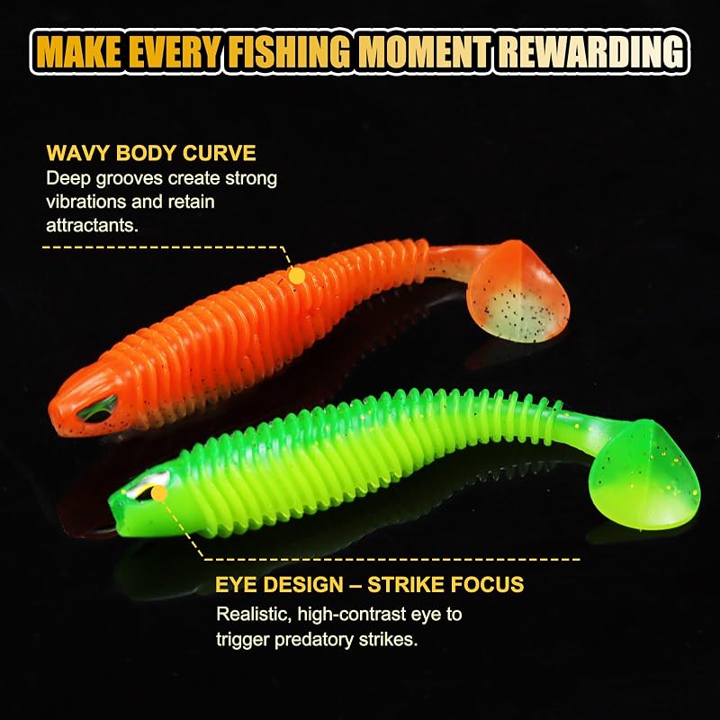 CWSDXM 3D Eyes Paddle Tail Swimbaits, 3in Soft Plastic Lures - Black, 20 PCS