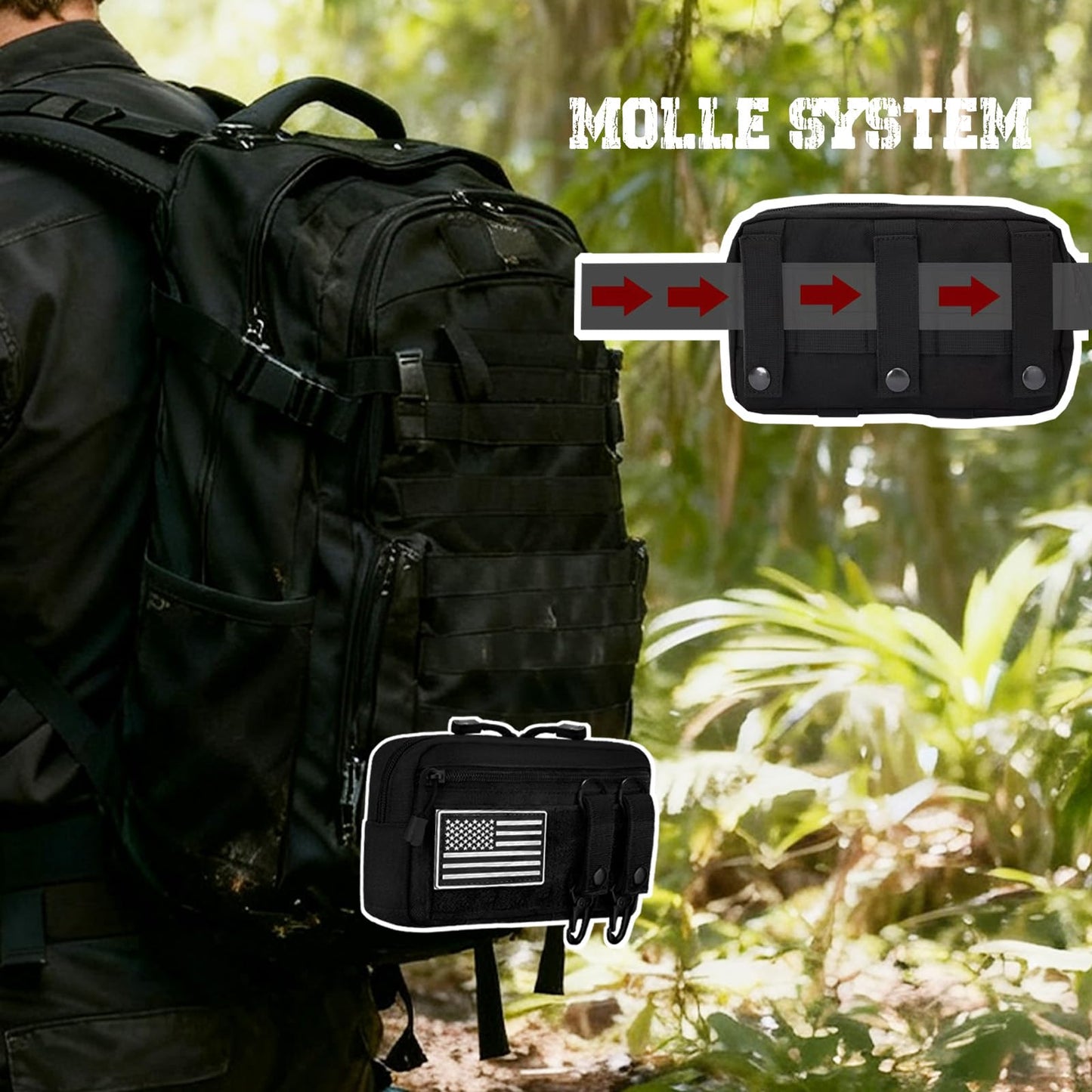 Tactical Molle Admin Pouch with 2 Keychains & US Flag Patch - Laser Cut EDC Modular Pouch for Outdoor, Survival, Daily Carry (Black)