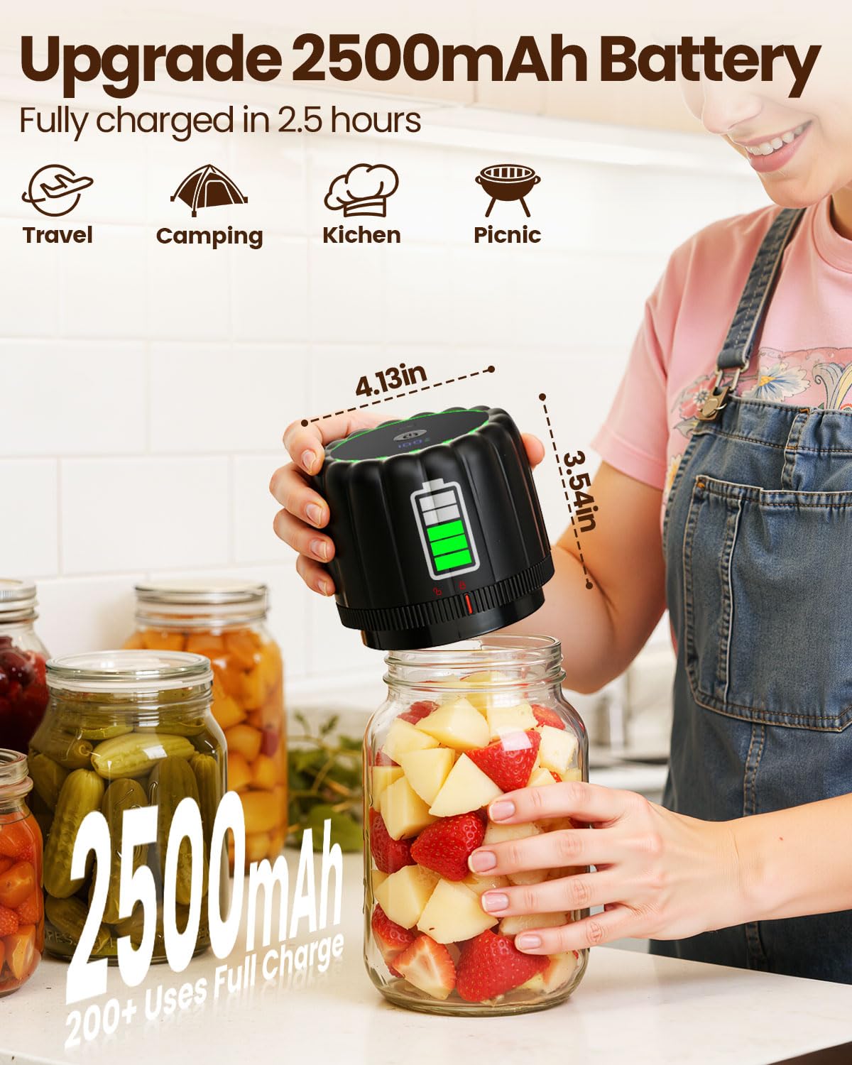 Snuuoby 2026 Upgraded Electric Mason Jar Vacuum Sealer Kit with Wide and Regular Mouth Mason Lids -80kpa Automatic Vacuum Pump 2500mAh Battery One Touch Canning Sealing Machine for Food Storage Black