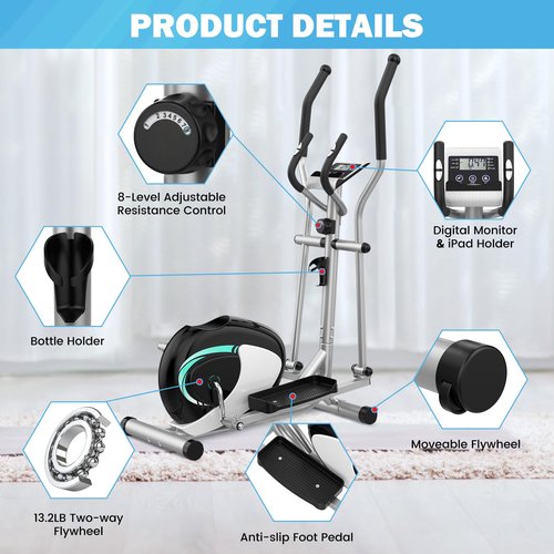 Elliptical Machine, Dripex Magnetic Elliptical Training Machines, Hyper-Quiet Fitness Cardio Elliptical Trainer w/ 6KG Flywheel, 8 Resistance Levels, Heart Rate Sensor, LCD Monitor & Device Holder