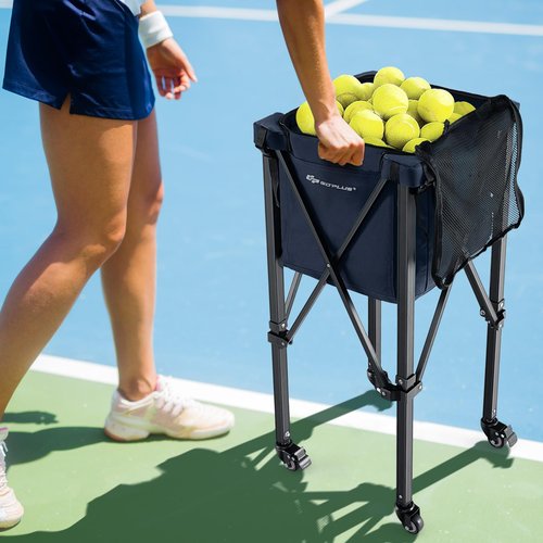 Goplus Foldable Tennis Ball Hoppers, Lightweight Aluminum Tennis Ball Basket with Wheels, Removable Bag, Side Pockets, Carry Bag, Portable Sports Teaching Cart Holds 150 Tennis Balls (Blue) …