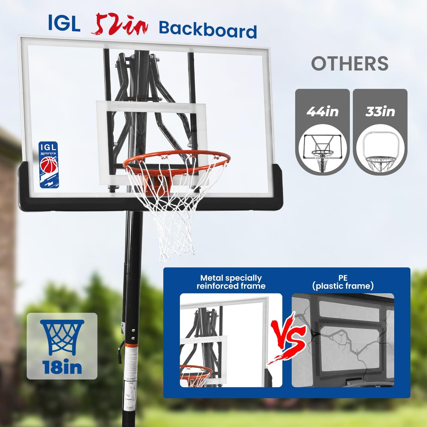 IGL Basketball Hoop Outdoor with 52 Inch Shatterproof Backboard, 10FT Height Portable Basketball Hoop Outdoor, Adjustable Basketball Goal System (Black)