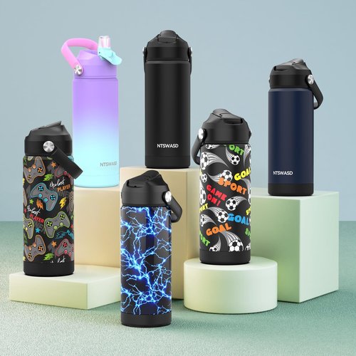 Boys Water Bottle with Straw,18 oz Kids Insulated Cups with Stainless Steel Leak Proof for School,Sport&Travel（Lightning）