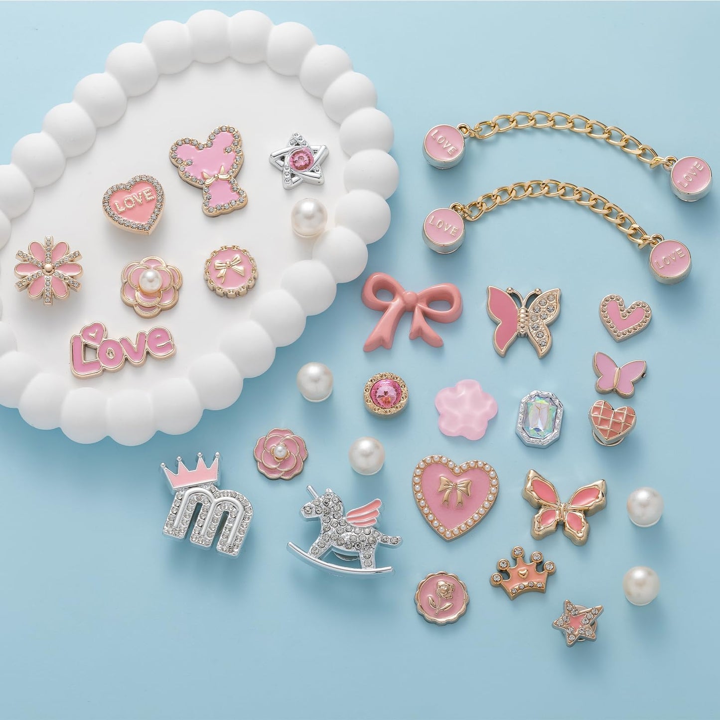 30,50pcs Pink Bling Random Shoe Charms for Girls Women Cute Pearl Butterfly Flower Chains Shoes Accessories Decorations for Clog Sandals Birthdays Party Favors Decorations Gifts