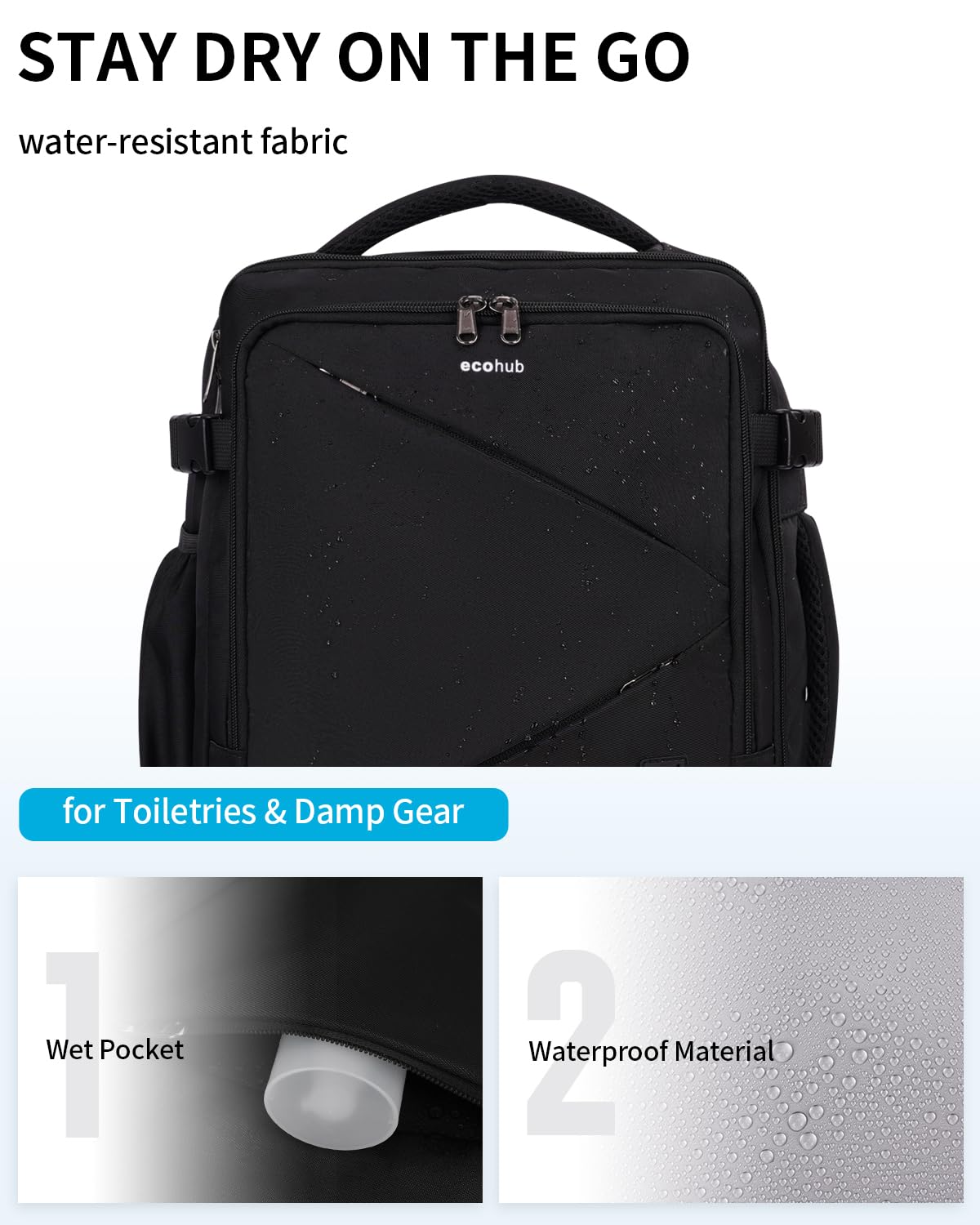 ECOHUB 30L Carry on Travel Backpack for Men Women 18x14x8, 17 inch Expandable Airlines Personal Item Bag Water Resistant Laptop Backpack Flight Approved with USB Slot & Wet Pocket, Black