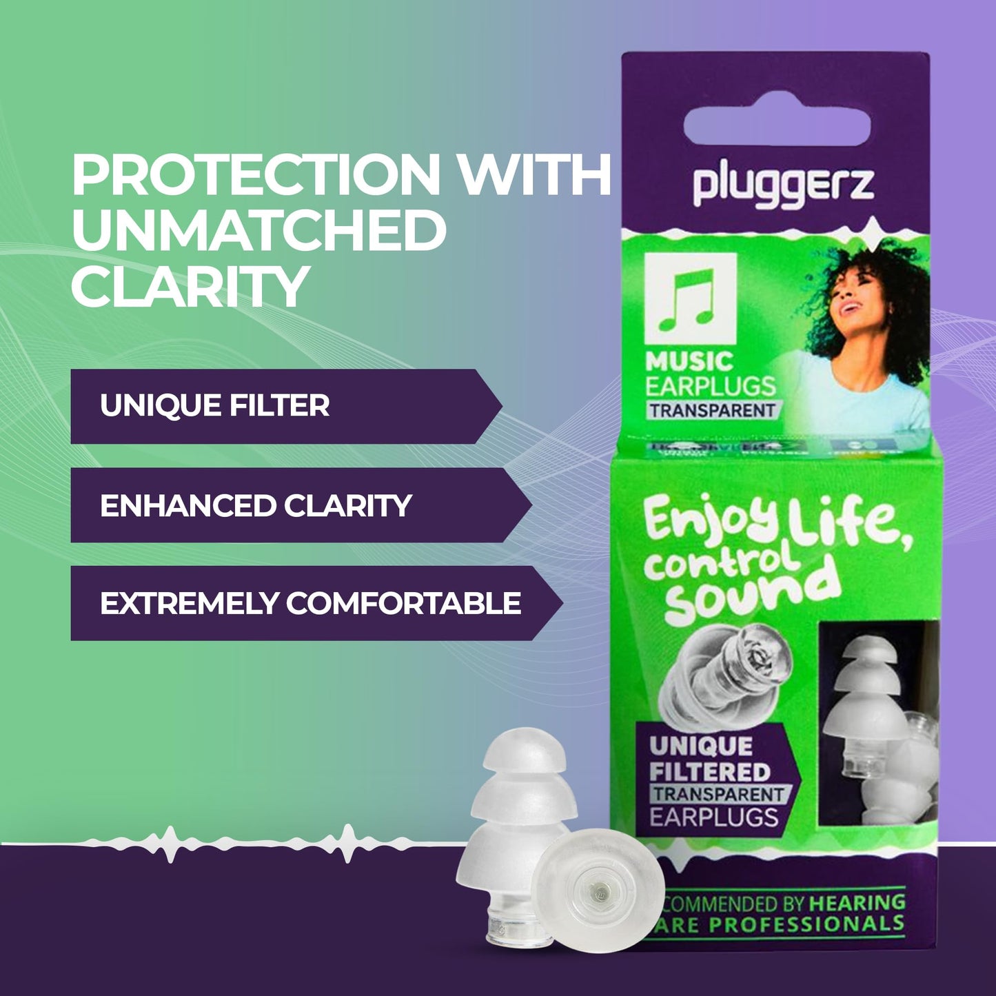 Pluggerz Enjoy Music Earplugs, Transparent, Skin-Friendly Material, Reusable Ear Plugs with Filter, 24-29 dB Noise Reduction Rating, Universal-Fit Hearing Protection for Concerts or Festivals, 1 Pair