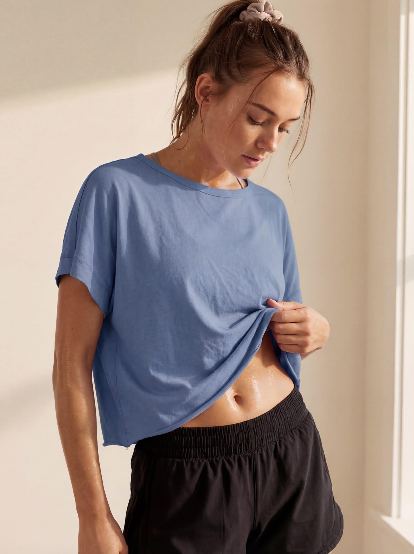 GRECERELLE Women's Open Back Workout Top Athletic Shirts Backless Short Sleeve Running Crop Top Gym Yoga Tee, Denim Blue, Small
