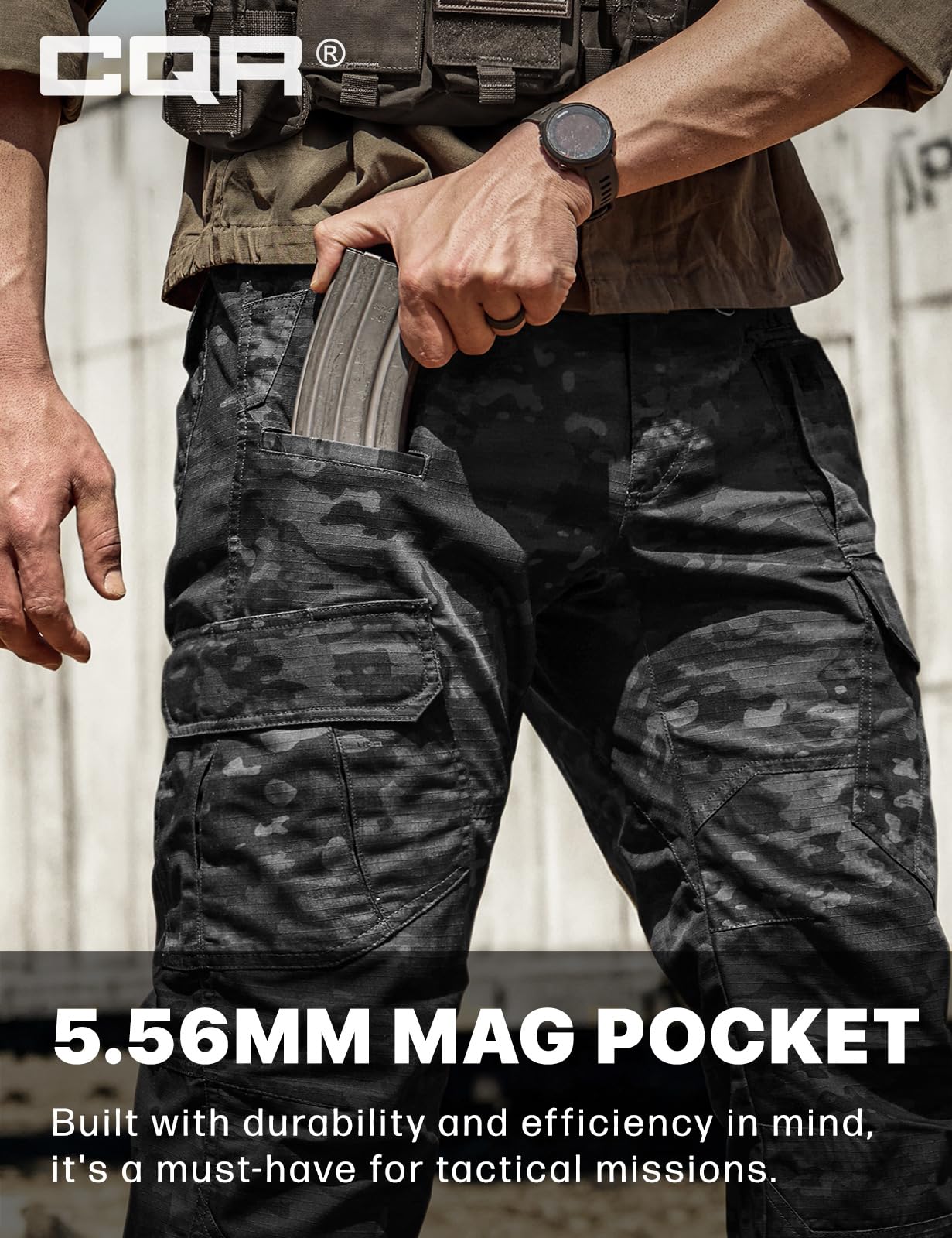 CQR Men's Tactical Pants, Water Resistant Ripstop Cargo Pants, Lightweight EDC Work Hiking Pants, Outdoor Apparel, Duratex Mag Pocket Print Utility Camo Black, 36W x 32L