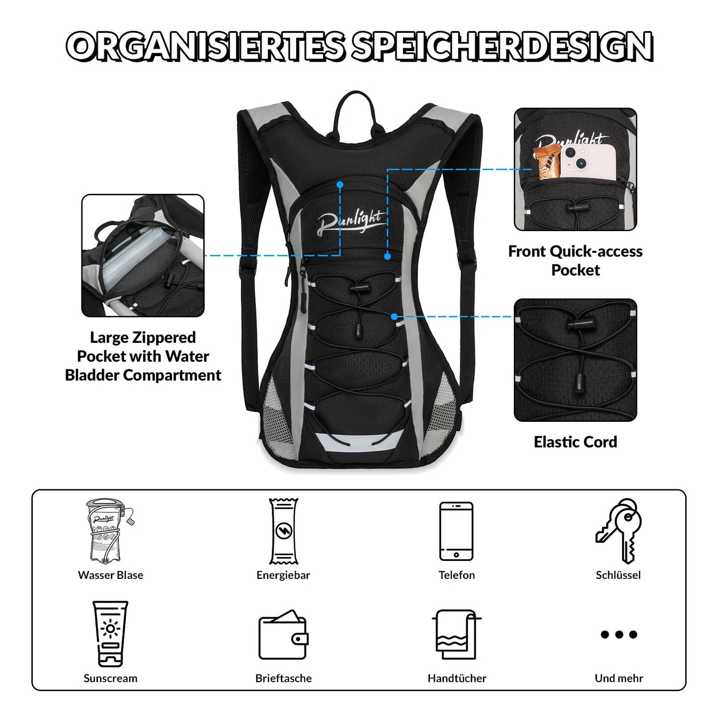 Runlight Running Vest,Lightweight Adjustable Chest Pack with Pistol Holster, Pack with 1.5L Water Bladder, Reflective Running Hydration Vest (W230-Black, One Size)