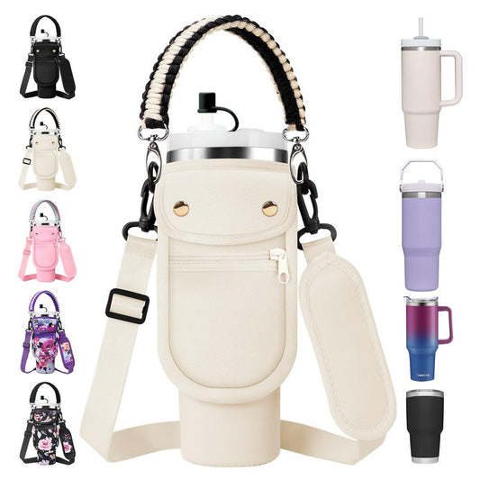 AceTreker 30 40 oz Stanley Bag with Paracord Handle & Phone Pocket, Metal Coffee Mug Carrier Pouch with Strap and Straw Cover for Stanley Cup Accessories-Purple Rose