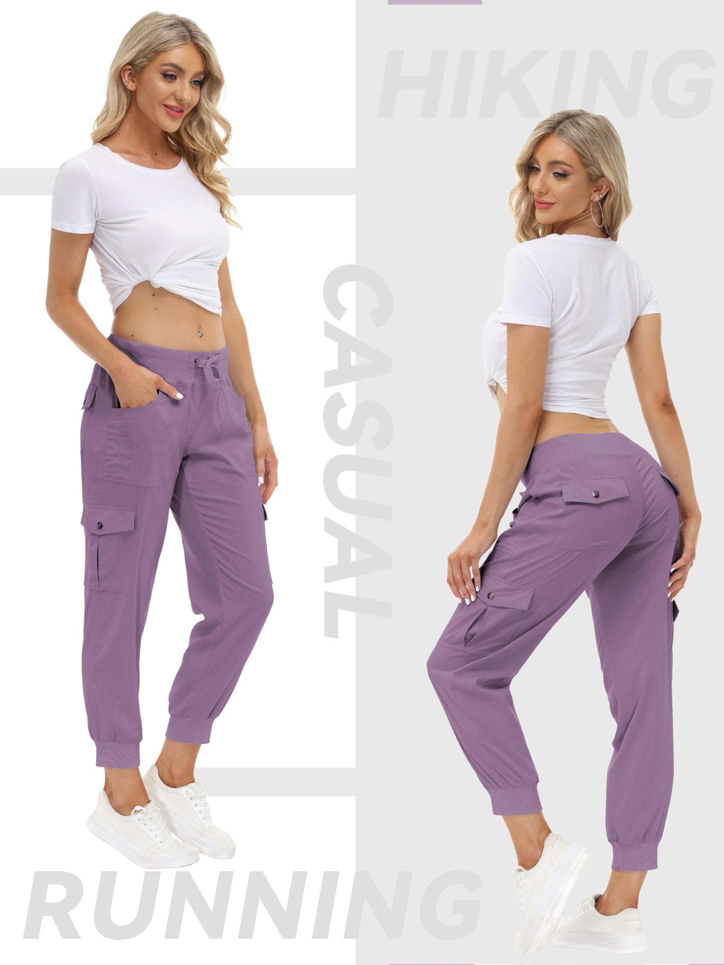 MoFiz Women Cargo Pants with Pockets Lightweight Outdoor Summer Travel Casual Hiking Pants Running Joggers Sweatpants Elastic Waist Light Purple S
