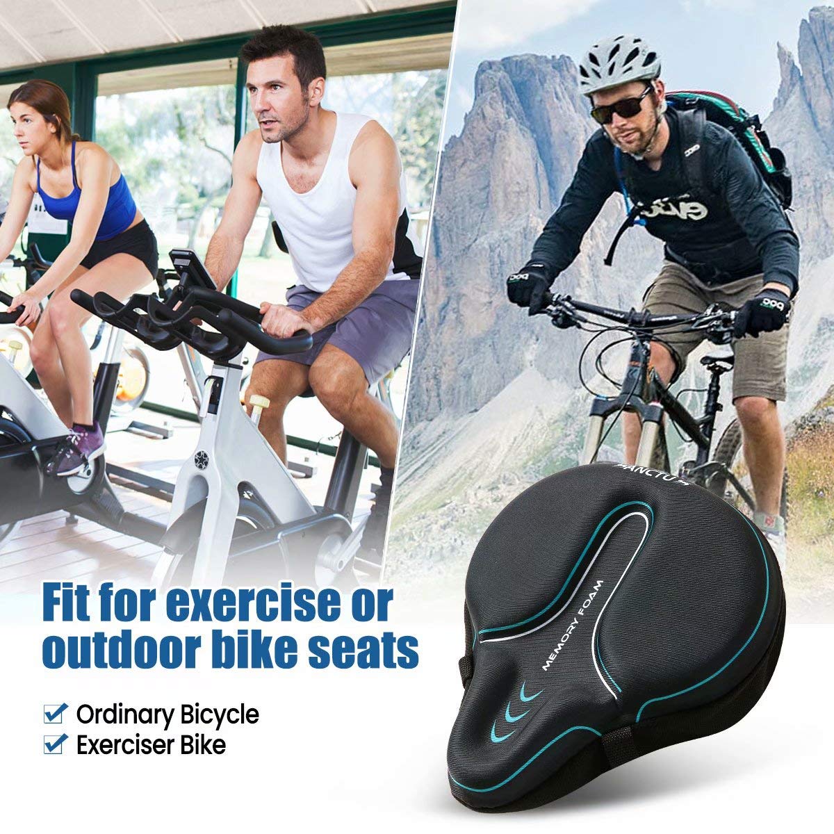 Sanctus Bike Seat Cushion Cover Memory Foam, Large Wide Bicycle Saddle Soft for Men Women, Comfort Exercise Cycle Seats Cover Padded Fits Stationary Bikes, Cruiser, Spin, with Waterproof Cover Blue