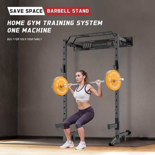MEGASTAR Wall Mounted Power Rack 50x70mm Commercial Steel Compact Home Gym with Sandwich J-Cup, Safety Arm and Landmine Attachments for Home and Garage Gym, P55 Black