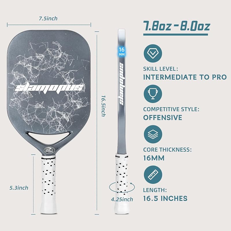 Pro Pickleball Paddle Gray - T700 Carbon Fiber 16mm Core with Overgrips, USAPA Approved