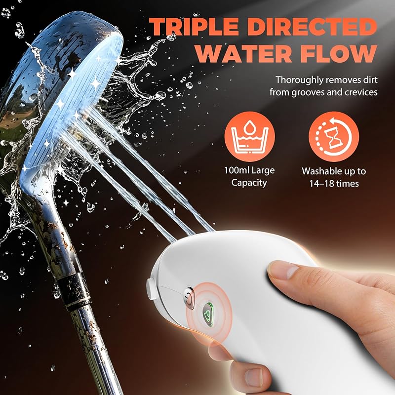 GoIfLove White Electric Golf Club Brush Cleaner, 1030 RPM, 2 Speeds, 3-Stream Water Spray, 2 Brush Heads, 2000mAh USB-C
