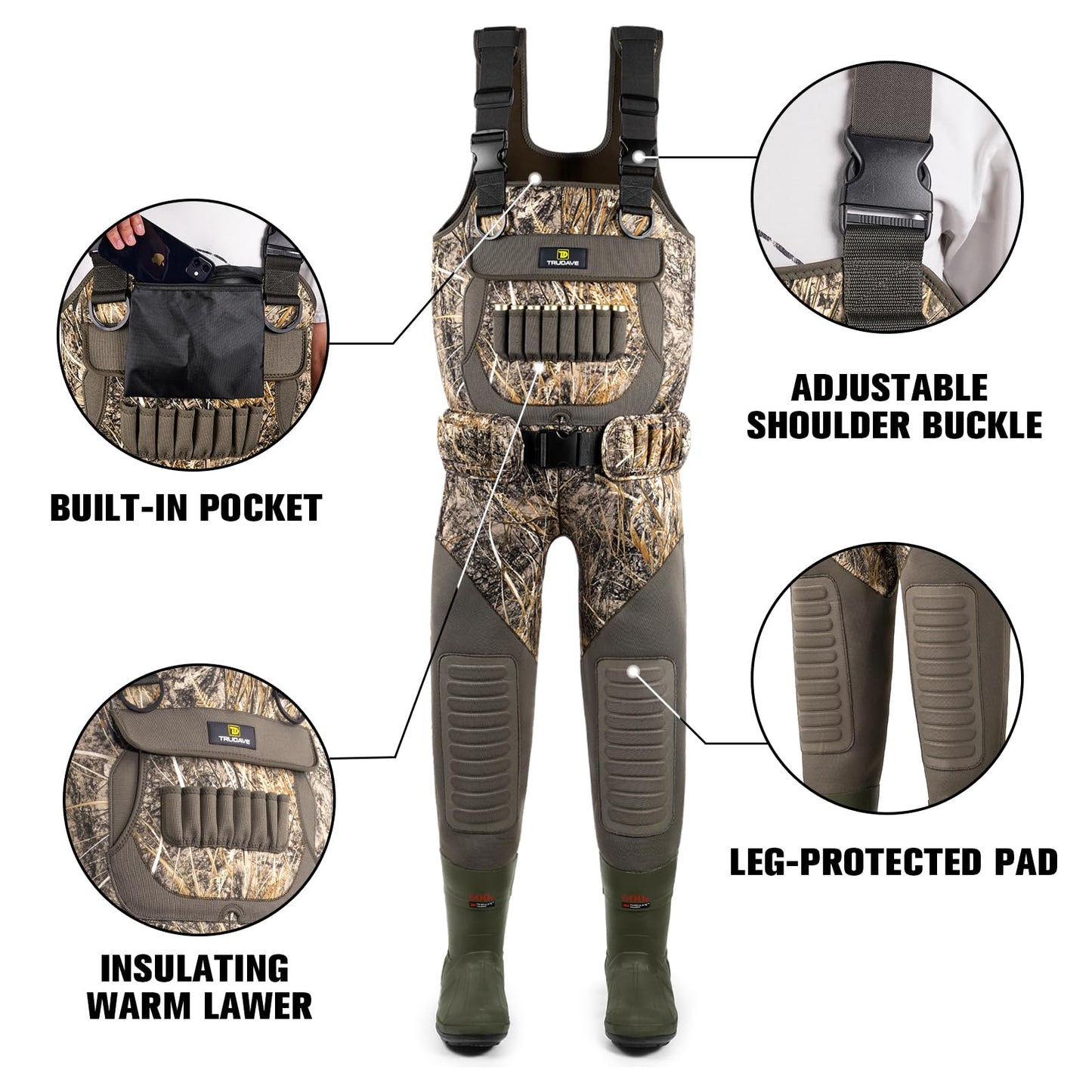 Trudave Women Hunting Waders,Waterproof Neoprene Fishing Wader with 600G Insulated Non-Slip Boot Camo