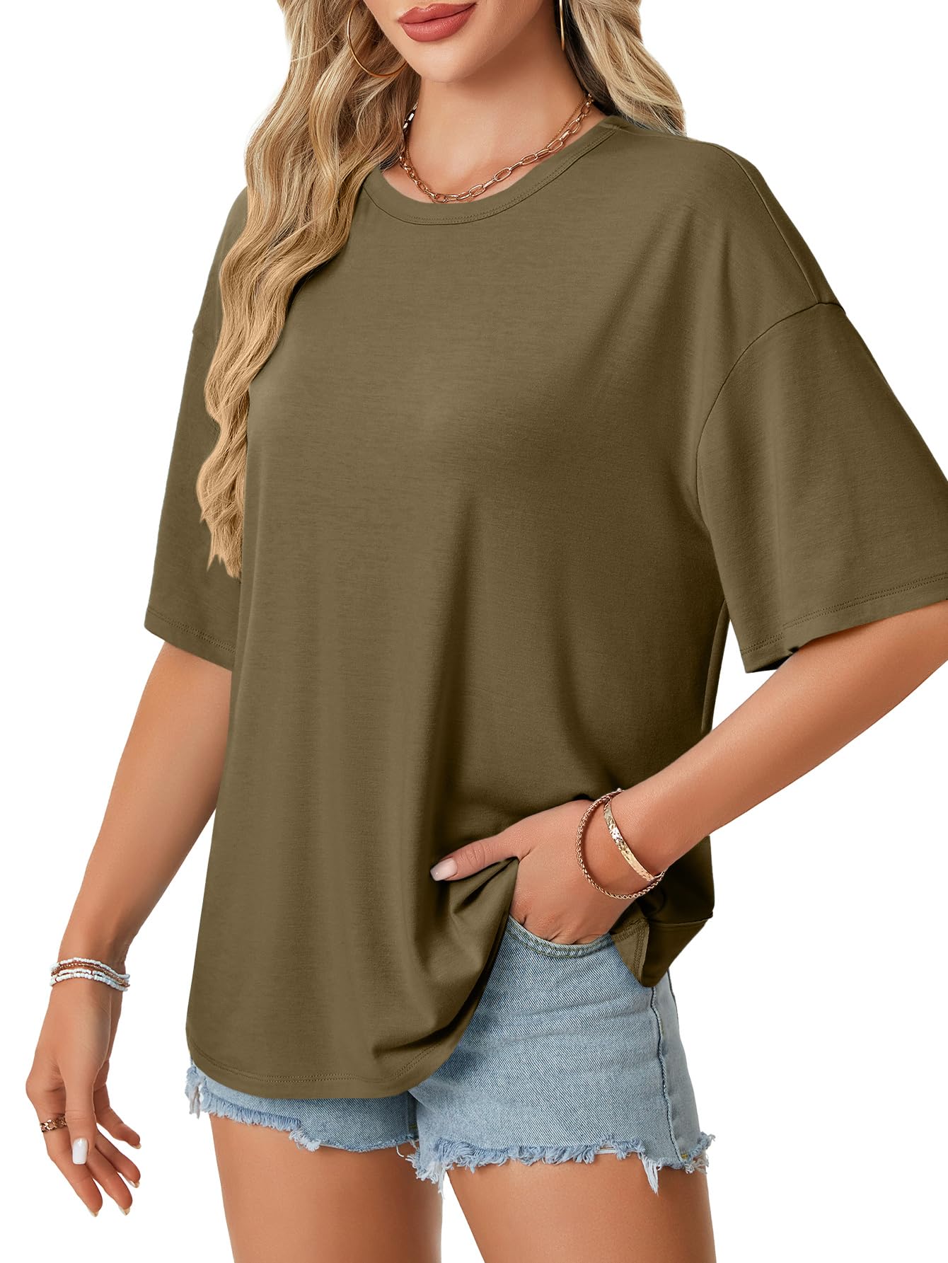 Rooscier Women's Open Back Workout Tops Oversized Backless Cut Out Half Sleeve Crew Neck Casual Y2k T Shirts Blouse