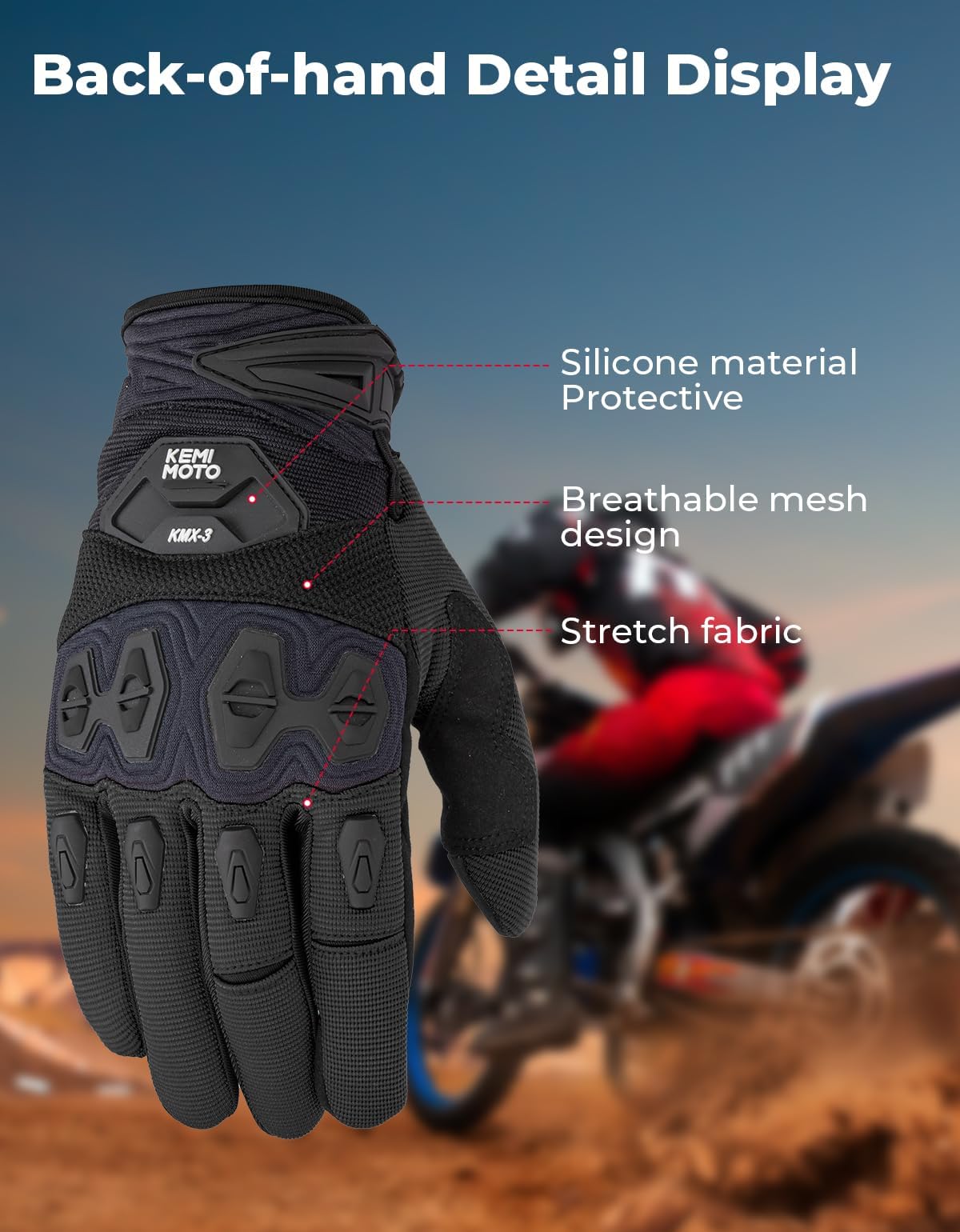 KEMIMOTO Dirt Bike Motorcycle Gloves for Men Women, Touchscreen with Silicone Protective for Outdoor Sports On-Road Off-Road Gloves Motorcross Motorbike Mountain Bicycle Racing ATV UTV