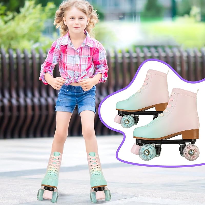 Gradient Pink-Blue Roller Skates for Girls & Women, Cozy PU Leather, Flash Wheels - 37-US Women/Youth 6/7