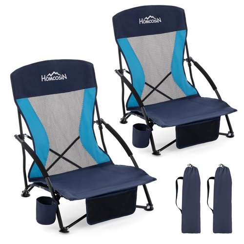 Homcosan Portable Low Folding Beach Chairs Set of 2 - Lightweight Camping Chairs for Adults with Cup Holder & Storage Pockets, Carry Bag Included (Navy & Blue)