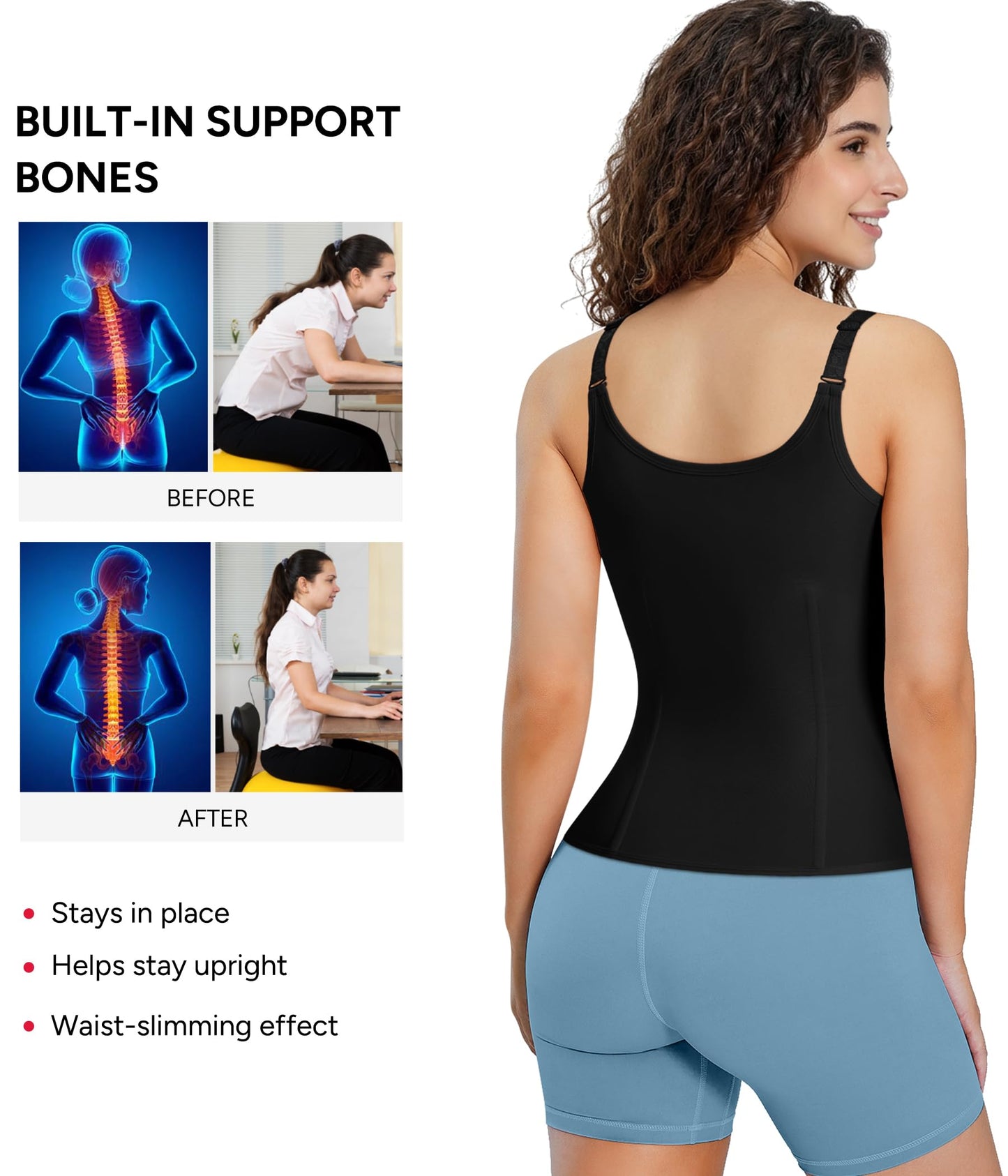 Nebility Women Waist Trainer Corset Zipper Vest Body Shaper Cincher Tank Top with Adjustable Straps (3XL, Black)