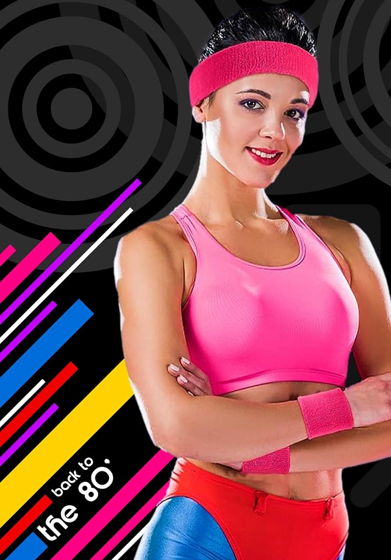 Pink Sweatbands Set for Women – Headband + 2 Wristbands, 80s Neon Fitness Accessories