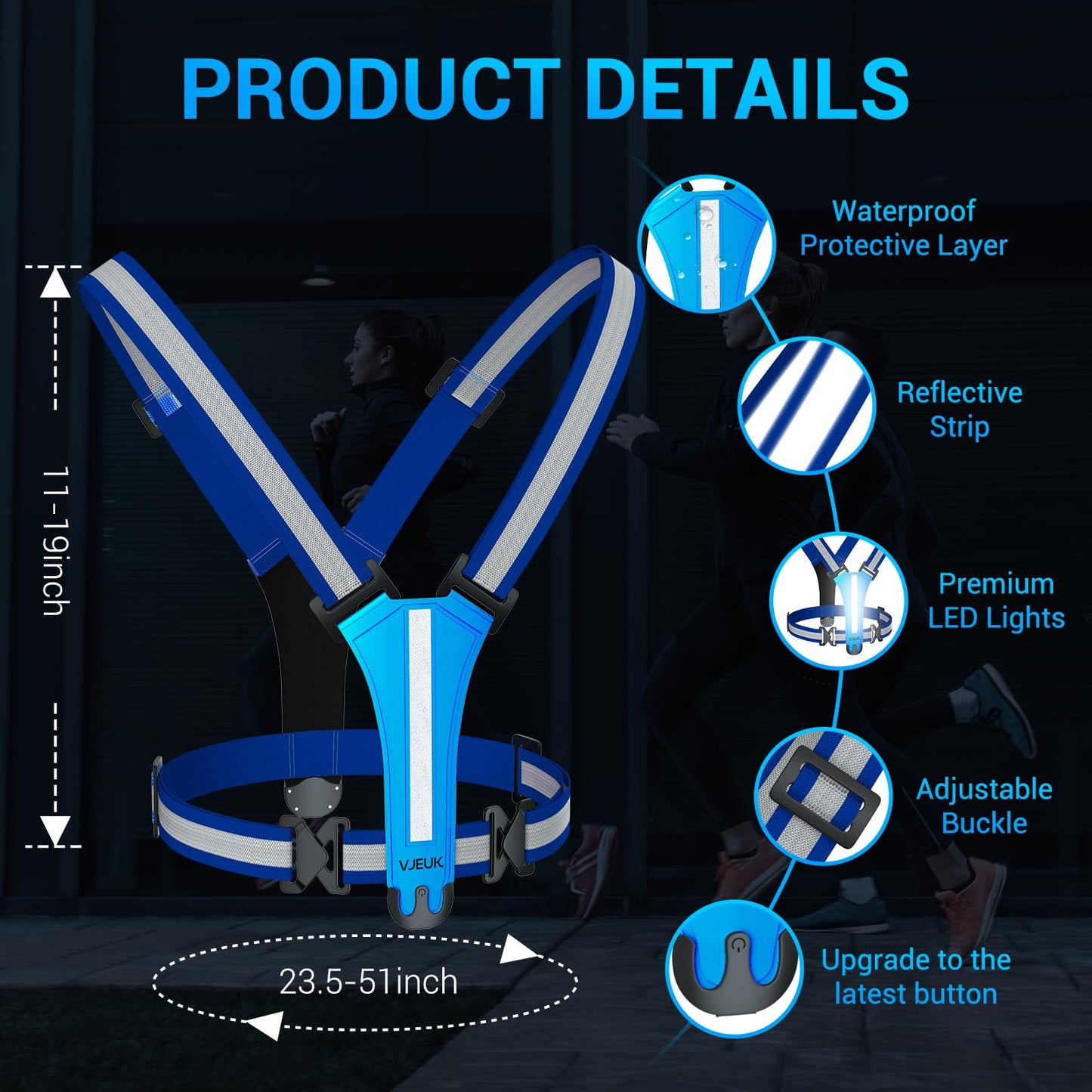 VJEUK Led Reflective Vest Running Gear，7 Lights Colors Light Up Running Vest, Rechargeable High-Visibility Adjustable Vest for Running, Cycling, and Night Activities（Blue）
