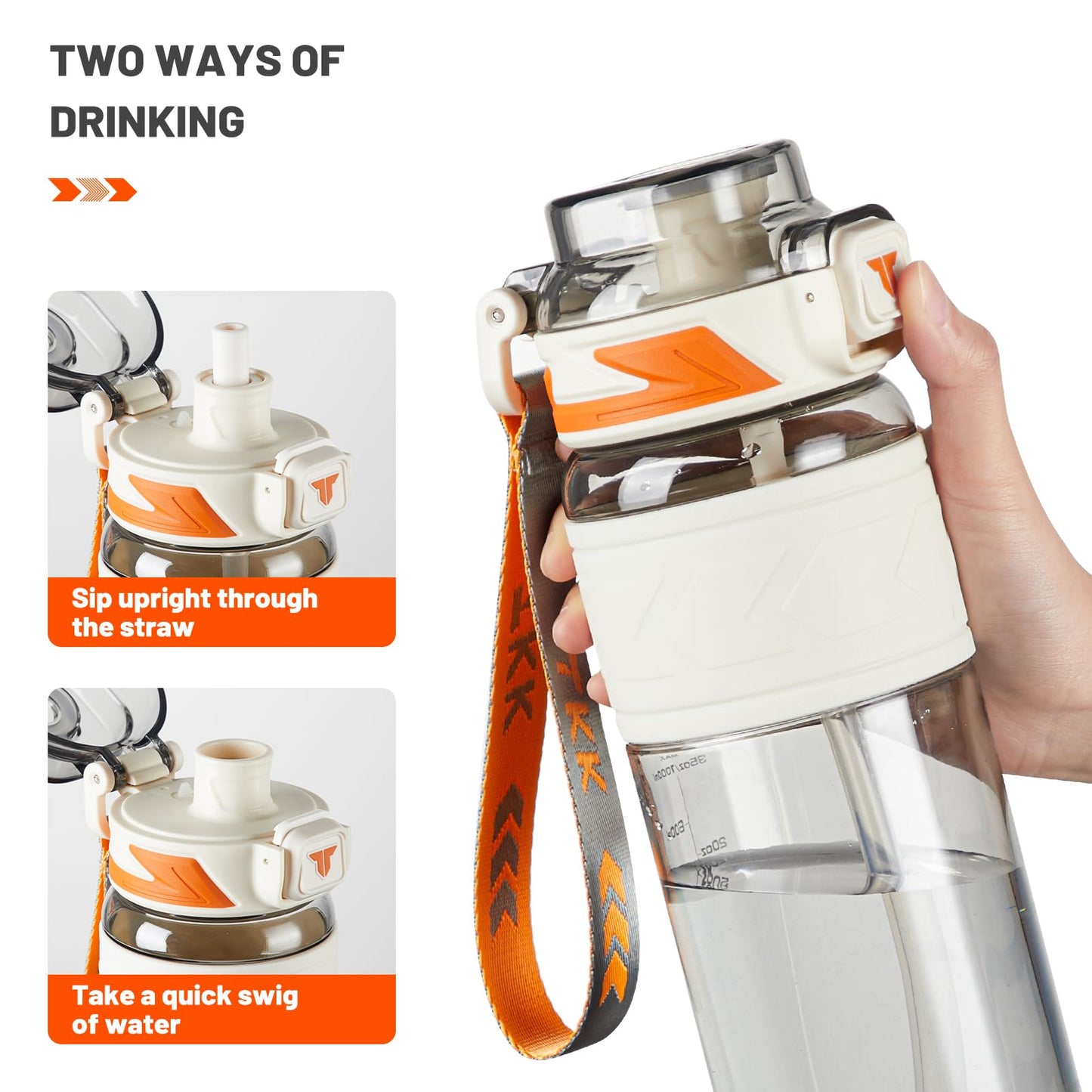 TKK Sports Water Bottles with Removable Straw 34 oz Leak-proof Flip Top Lid BPA Free Tritan Bottles with Strap for School, Fitness, Gym, Outdoor, White