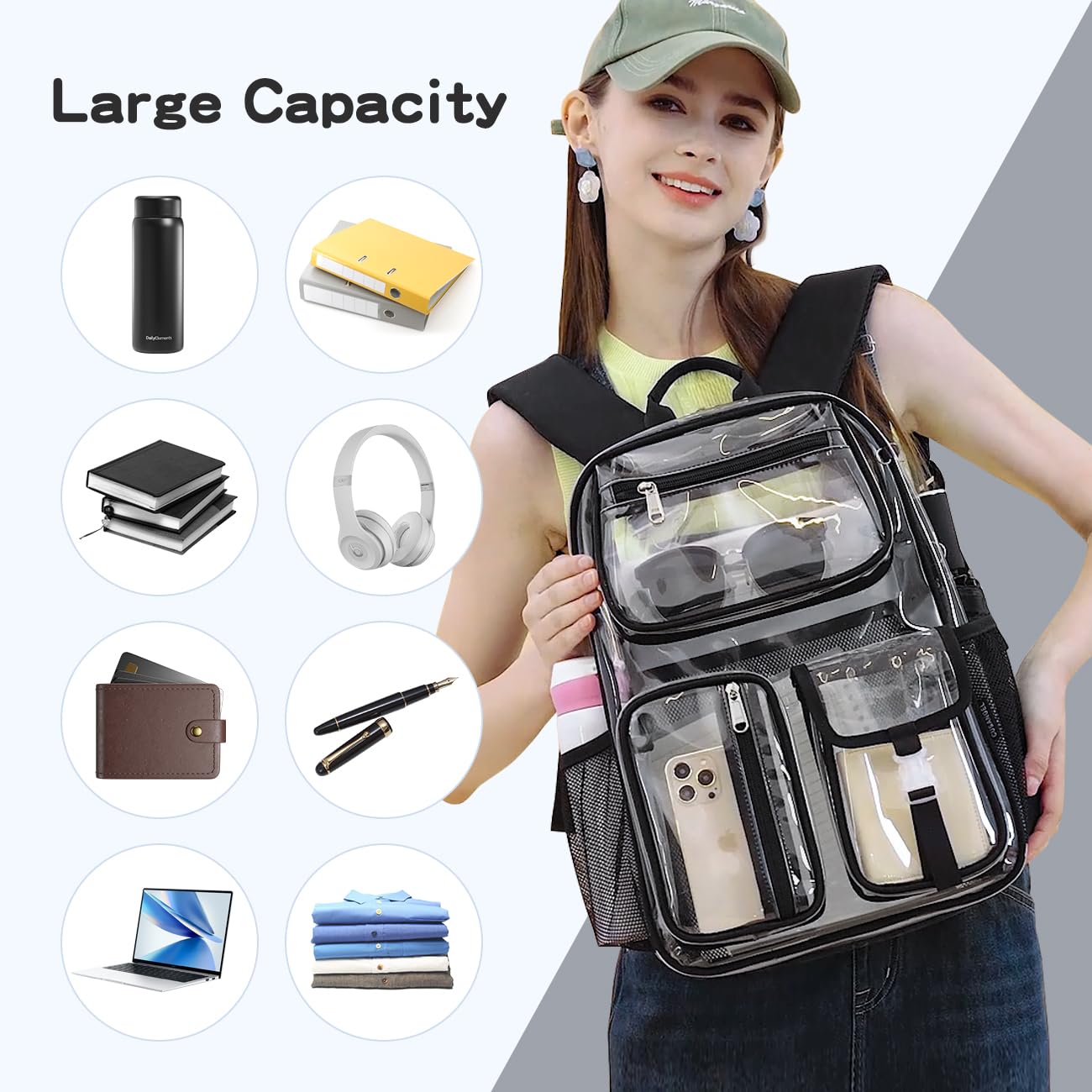 Cusangel Clear X-Large Backpack Heavy Duty Clear BookBag,17.5inch TPU Large Capacity See Through Backpack for Sport Events,Travel,Plastic backpacks for 15age+