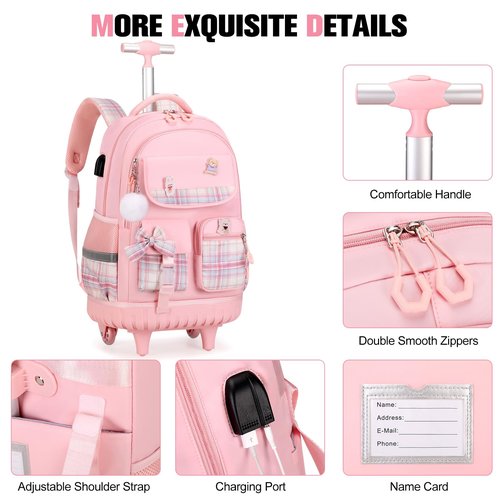 ACESAK Rolling Backpack for Girls - Roller Wheels School bag with Lunch Bag & Pencil Pouch for Teen Girls Kids Wheeled Suitcase Backpacks, Elementary Middle School Travel Daypack (Pink)