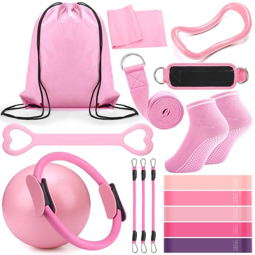 RoundFunny Pilates Ring Circle Set 18 Pcs Exercise Equipment Accessories for Women Workouts Pilates Ball Stretching Strap Magic Circle Yoga Ring Gym Back Bag Resistance Band Anti Slip Socks(Pink)