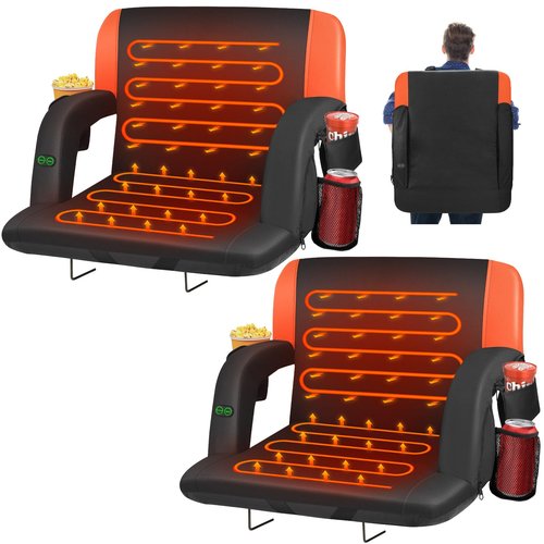 HOPERAN 23" 2pcs Dual-Sided Heated Stadium Seats for Bleachers with Back Support, 3 Levels Heating Bleacher Seat with Backs and Cushion Wide, 5 Pockets Portable Stadium Chair for Outdoor Games Sports