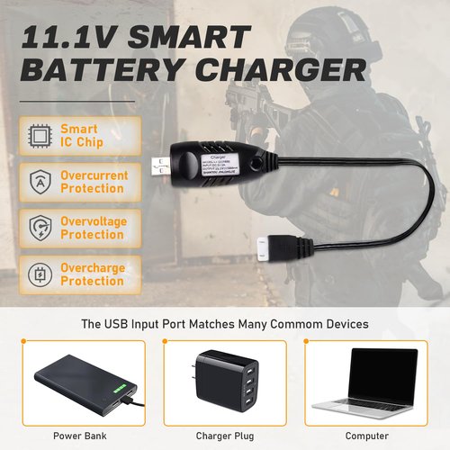 VICMILE 2PACK Airsoft Battery 11.1V 2000mAh SM2P Plug with 11.1V USB Charger and SM2P to Mini Tamiya Conversion Cable Compatible with Most Airsoft Model Guns Gel Water Bead Blaster