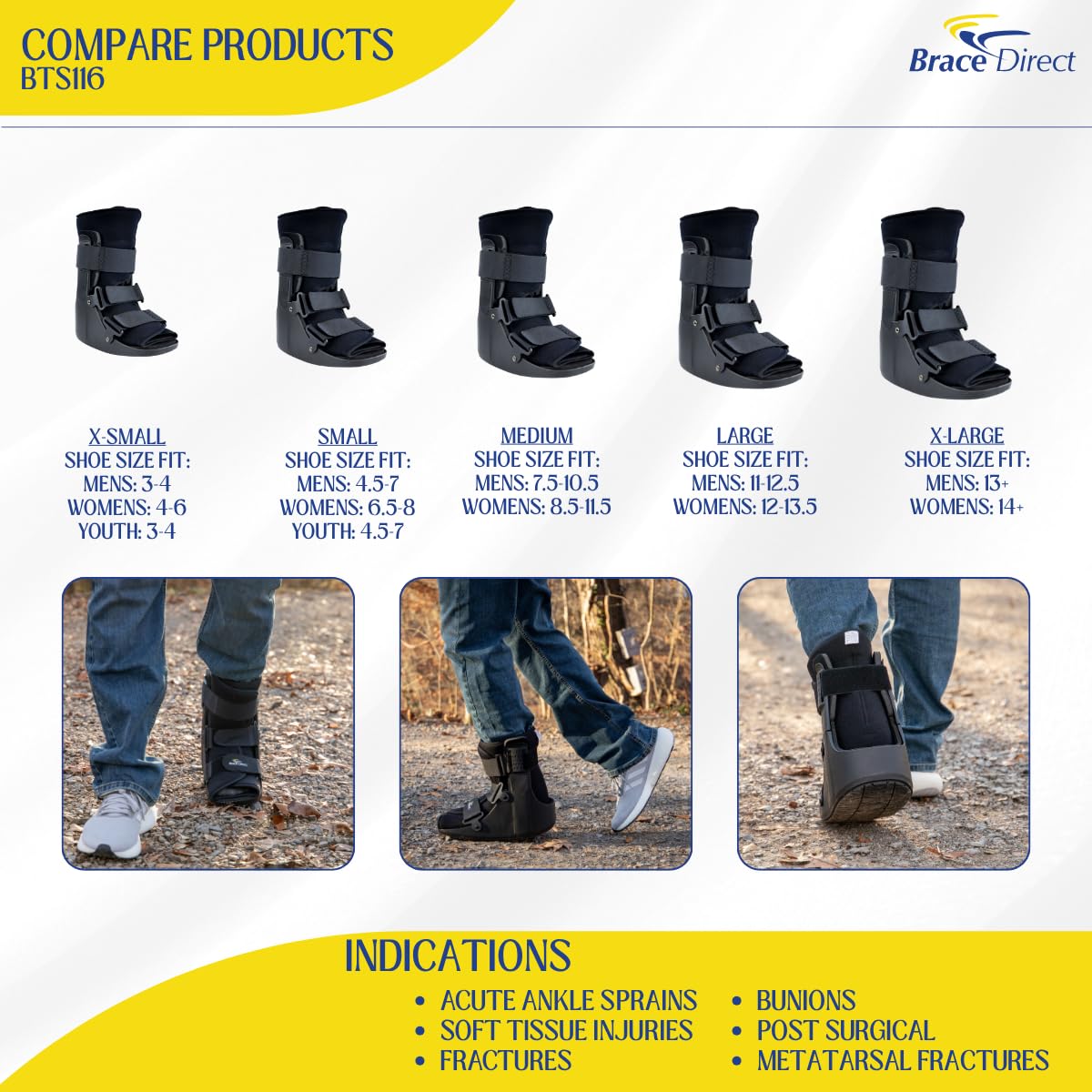 Brace Direct CAM Walker Fracture Boot Short - Lightweight Walking Boot for Foot & Ankle Injuries, Sprains & Stress Fractures - Doctor-Recommended (Men’s 11–12.5 / Women’s 12–13.5)