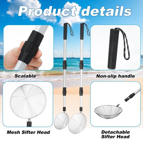 Relaxgiant 2 Pcs Full Size Beach Scoop Shovel Adjustable from 35" to 64" Sand Sifter for The Beach Sand Shovel Include 4. 5" and 6. 1" Basket Reliable Sifter Tool for Beachcombing Walking Hiking