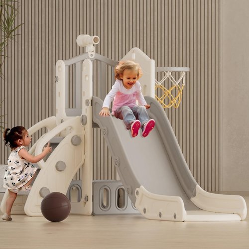 XJD 5 in 1 Toddler Slide, Kids Slide for Toddlers Age 1-3, Outdoor Indoor Playset for Toddlers with Basketball Hoop and Ball, Storage Space and Non-Slip Steps Telescope (Gley)
