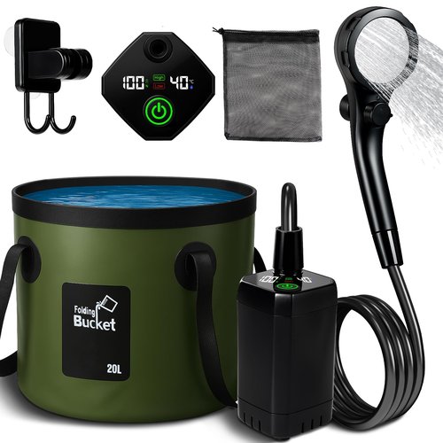 Motivekit™ Portable Camping Shower | 5.3 Gallons Foldable Bucket, 6000mAh Rechargeable Shower Pump, 6' 7" Filtered Shower Head, Summer Beach Outdoor Showering Hiking Pet Bath RV Car Wash Water Plant