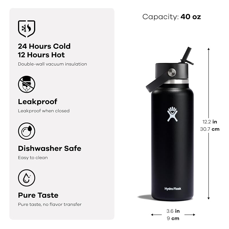 Hydro Flask 40 Oz Wide Mouth Stainless Steel Water Bottle with Leakproof Straw Lid - Agave Green (Variation: Tonal Trillium+1+40 Ounces)