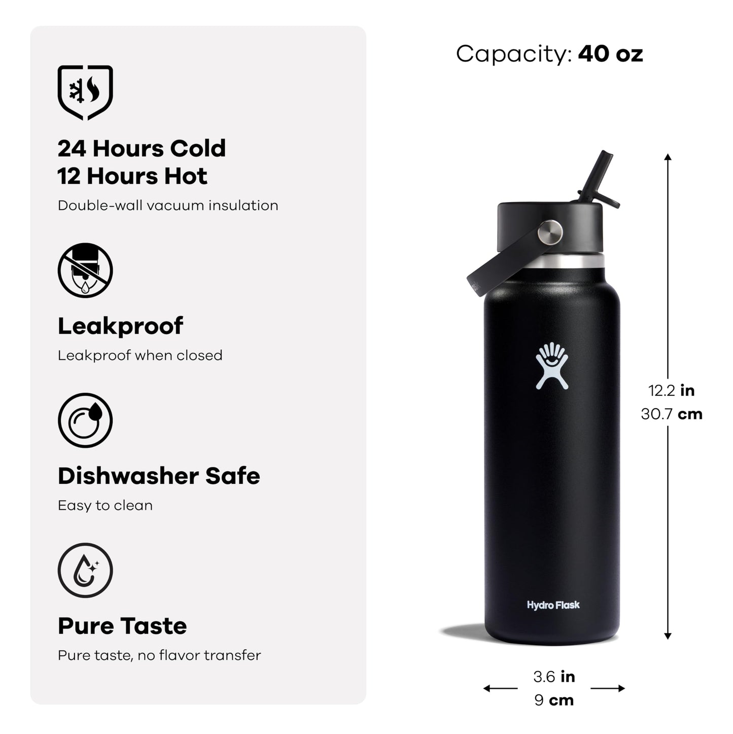 Hydro Flask Water Bottle - Insulated Stainless Steel - Wide Mouth Flex Straw Lid, Non Spill, Leakproof and Refillable in 40 Oz Botanical Bliss Agave