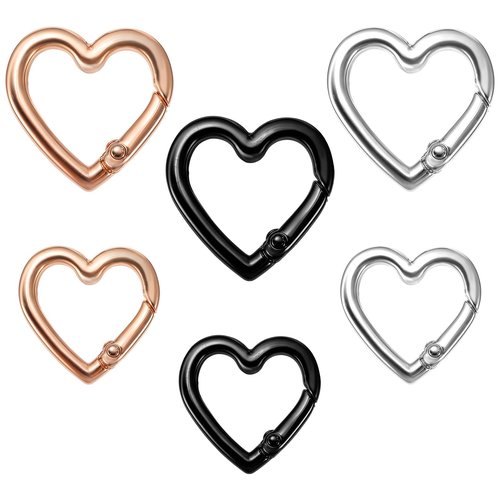 6 Pcs Heart Carabiner Clip 2 Size Heavy Duty Heart Carabiner Spring Snap Clasp Hook for Camping Hiking Fishing Traveling Purses Backpack Keychain DIY Crafts Women Festival Gifts Gold Silver Black