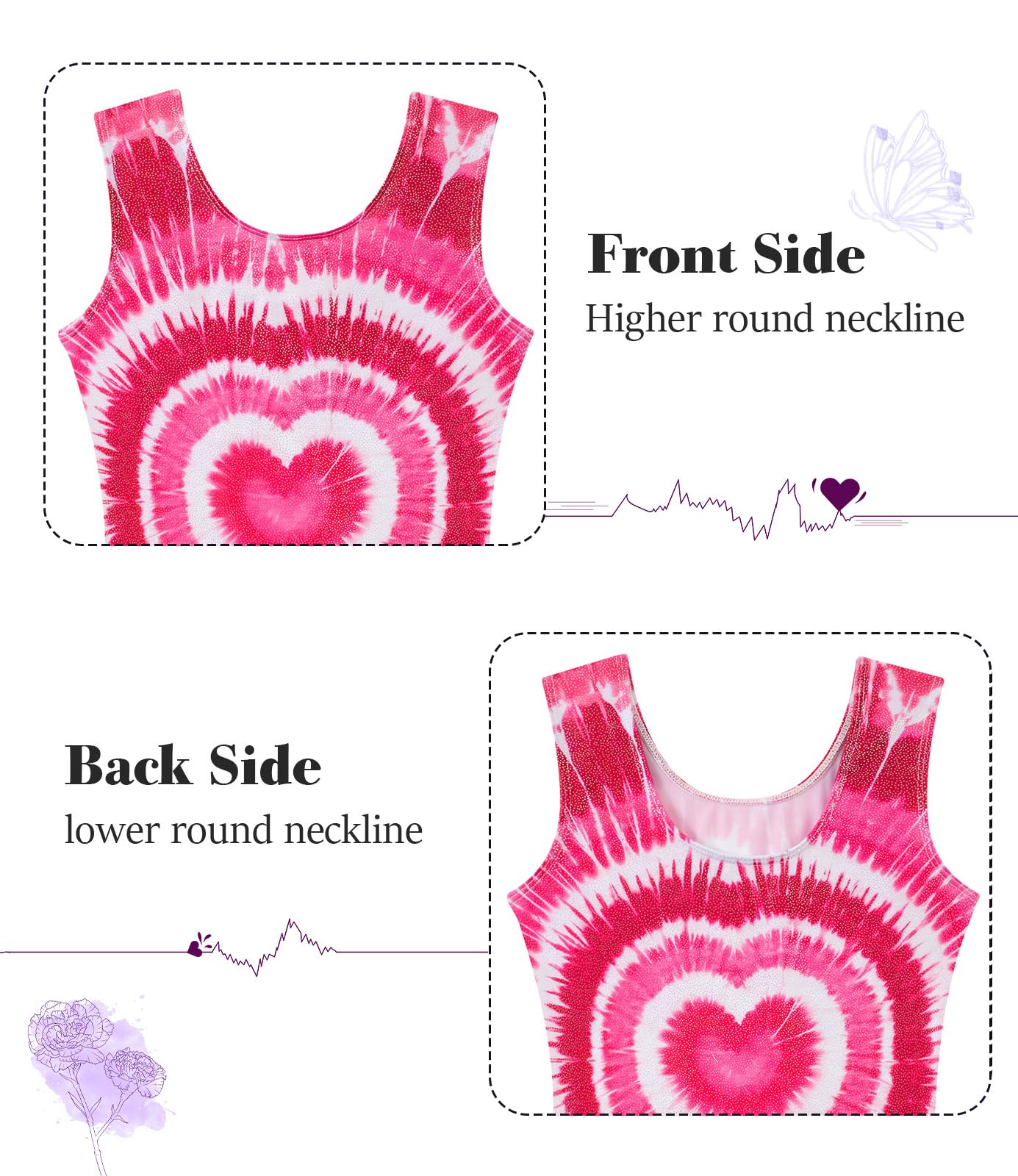 Vogseek Girls Gymnastics Leotards Size 10 Hot Pink 3D Heart Pattern Activewear Sets with Matching Hair Scrunchie Tie Dye Tank Sleeve Shiny Diamonds Athlettic Outfits for Tumbling Class