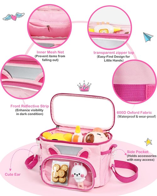 Kids Bike Basket, Front Handlebar Bicycles & Scooter Basket, Kid Ride Basket Bag with Detachable Strap for Girls, Boys, Toddlers - Clear Lid, Adjustable Straps, Cute Ear Design