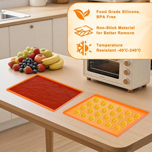 JJUNW 6 Pcs Silicone Dehydrator Trays, Non-stick Silicone Dryer Mats with with Silicones Scraper Reusable Dryer Sheet for Jerky, Fruit, Meat(12×10inch)