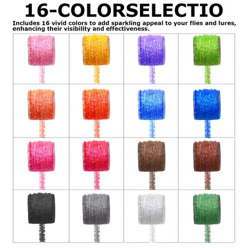 GEBDMA Crystal Flash Chenille Fly Tying Materials 16 Colors Fly Tying Tinsel Sparkling Chenille Lines for Fly Patterns and Crappie Jig Making Supplies