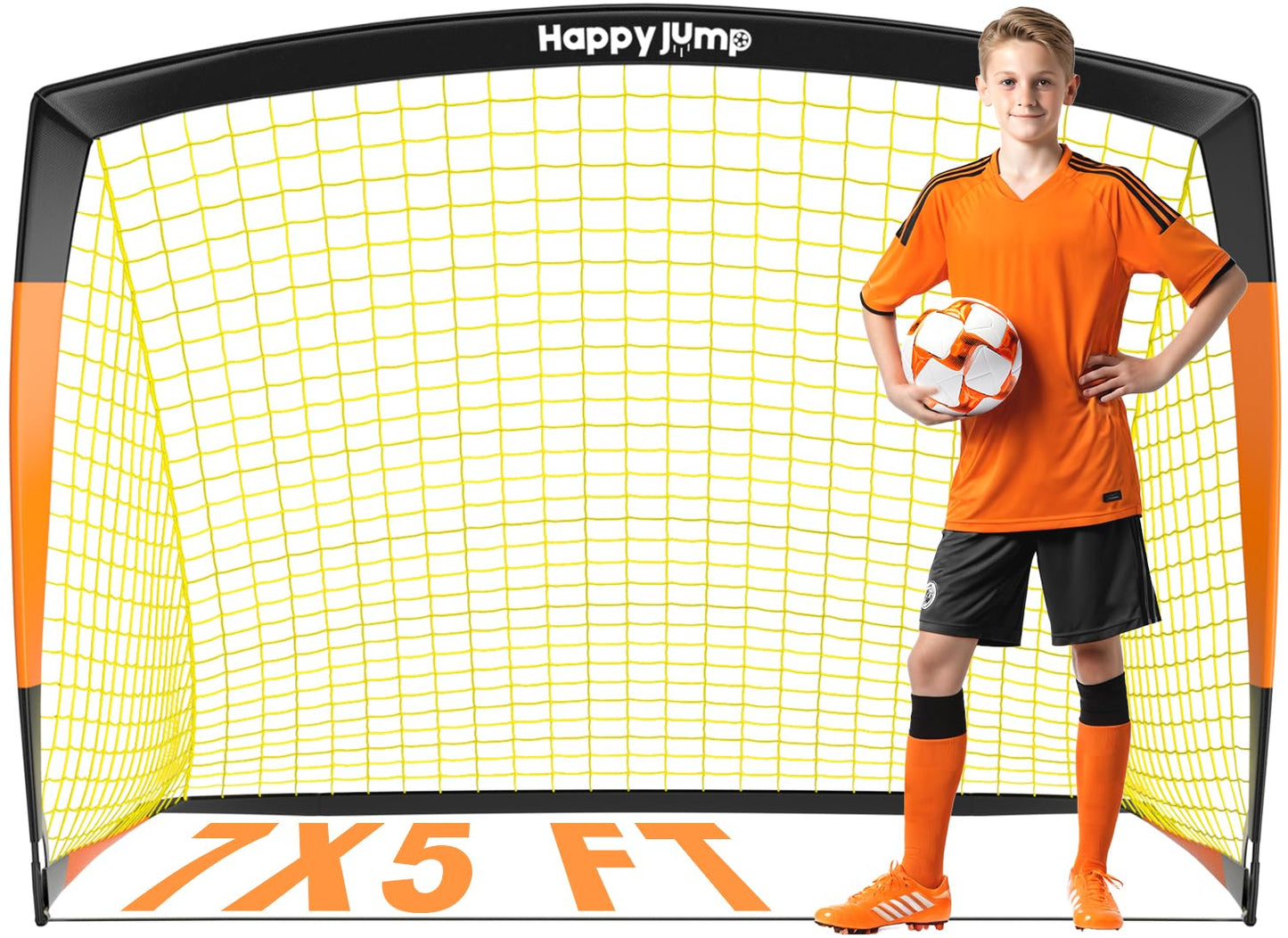 Happy Jump 7x5' & 5x3.6' Portable Soccer Goals for Kids Ages 6-14, Weatherproof Net and Steel Frame for Backyard Fun and Outdoor Training, Quick Setup and Sturdy for All Weather Conditions
