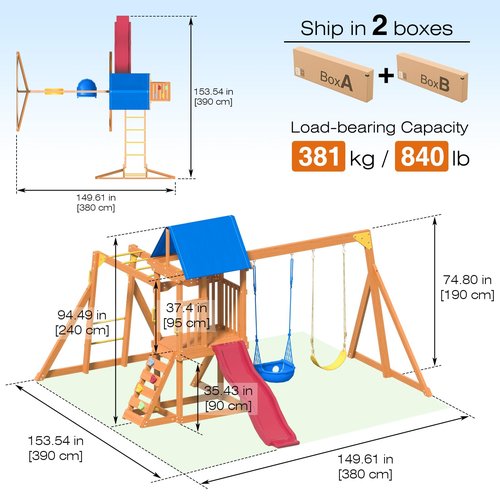 Suniboxi Swing-Sets with Monkey Bars for Backyard, Wooden Playground Set for Kids Ages 3-8, Outdoor Playset with Wave Slide, Play Deck, Rock Wall Ladder, Belt Swings & Canopy for Toddlers to Big Kids