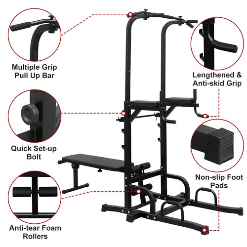 Multifunctional Power Tower & Pull Up Bar with Adjustable Height Dip Station - Foldable Bench Home Gym Equipment for Full-Body Strength Training