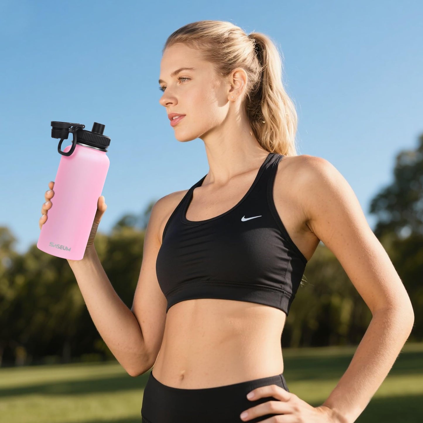 SASEUM Sport Water Bottle 22oz Stainless Steel Double Wall Vacuum Thermal Mug with Leak Proof Spout Lids, Wide Mouth Metal Insulated Water Jug for Gym and Travel（Pink）