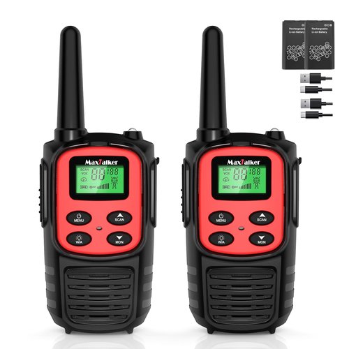 MaxTalker Walkie Talkies Long Range for Adult, MT10 Rechargeable Walkie Talkies FRS Two Way Radio, NOAA, 1200mAh Li-ion Battery USB-C Cable, LED Flashlight,VOX Walkie Talkie for Camping 2Pack (Red)