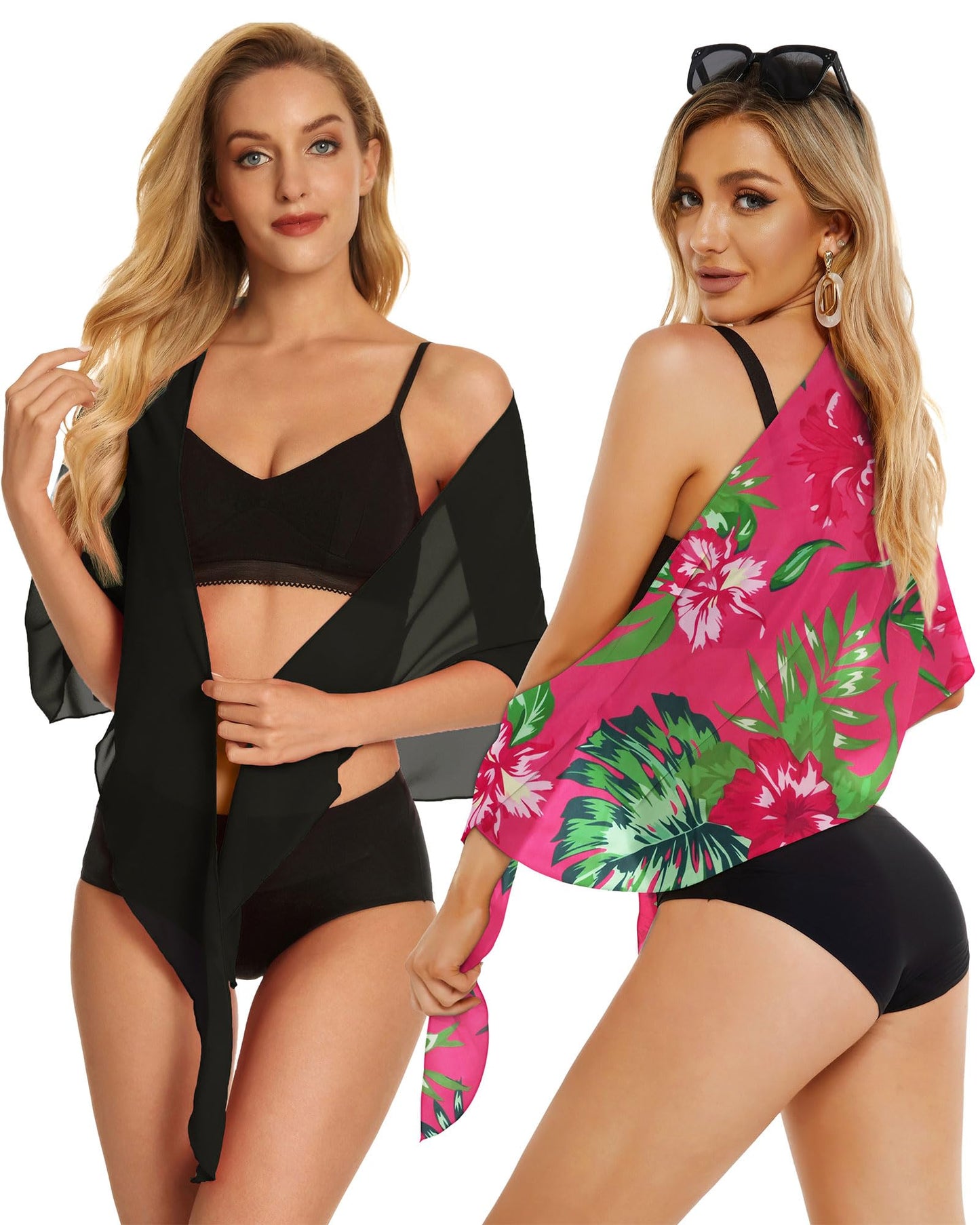 2 Pieces Sarong Cover Ups for Women Beach Bathing Suit Wrap Sheer Short Skirt Bikini Chiffon Scarf for Swimwear (Black, Rose Red Leaves)